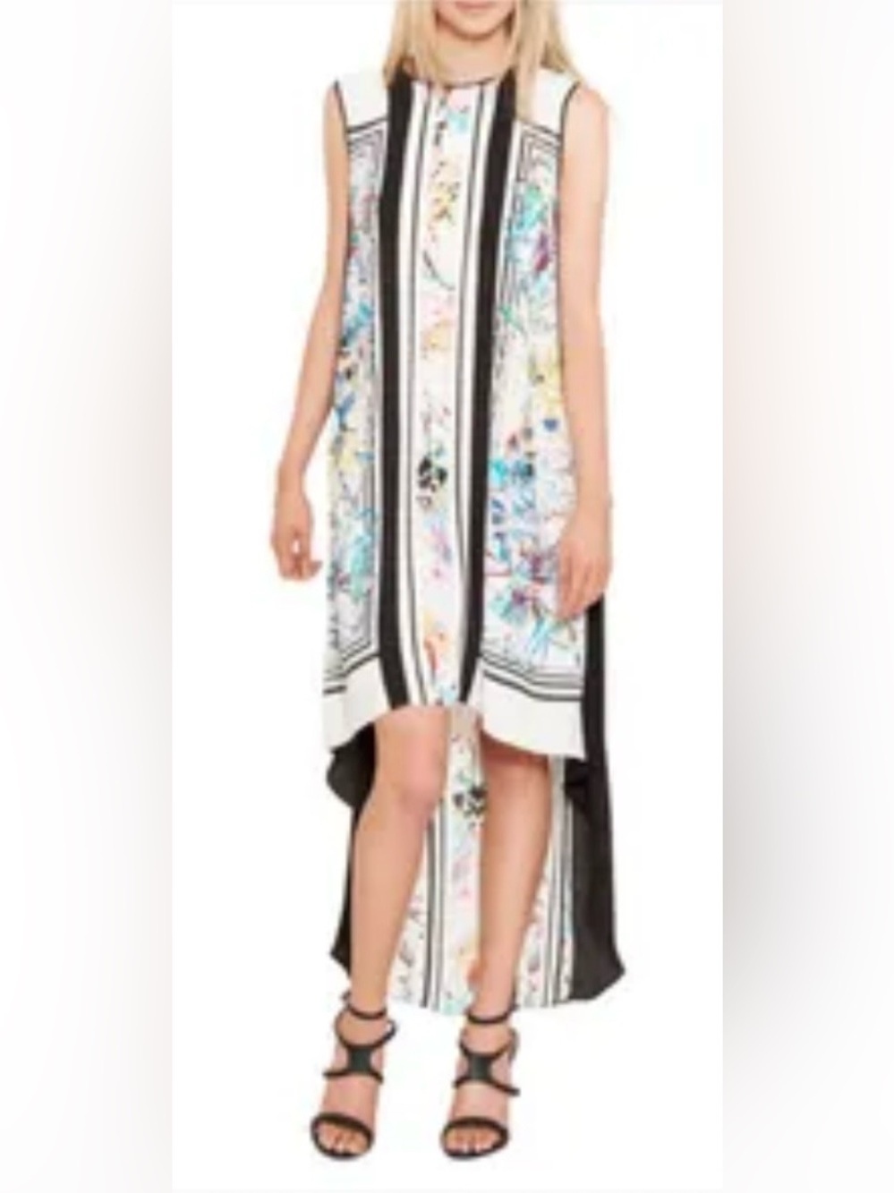 Sleeveless Abstract Print Midi Dress in White and Black
